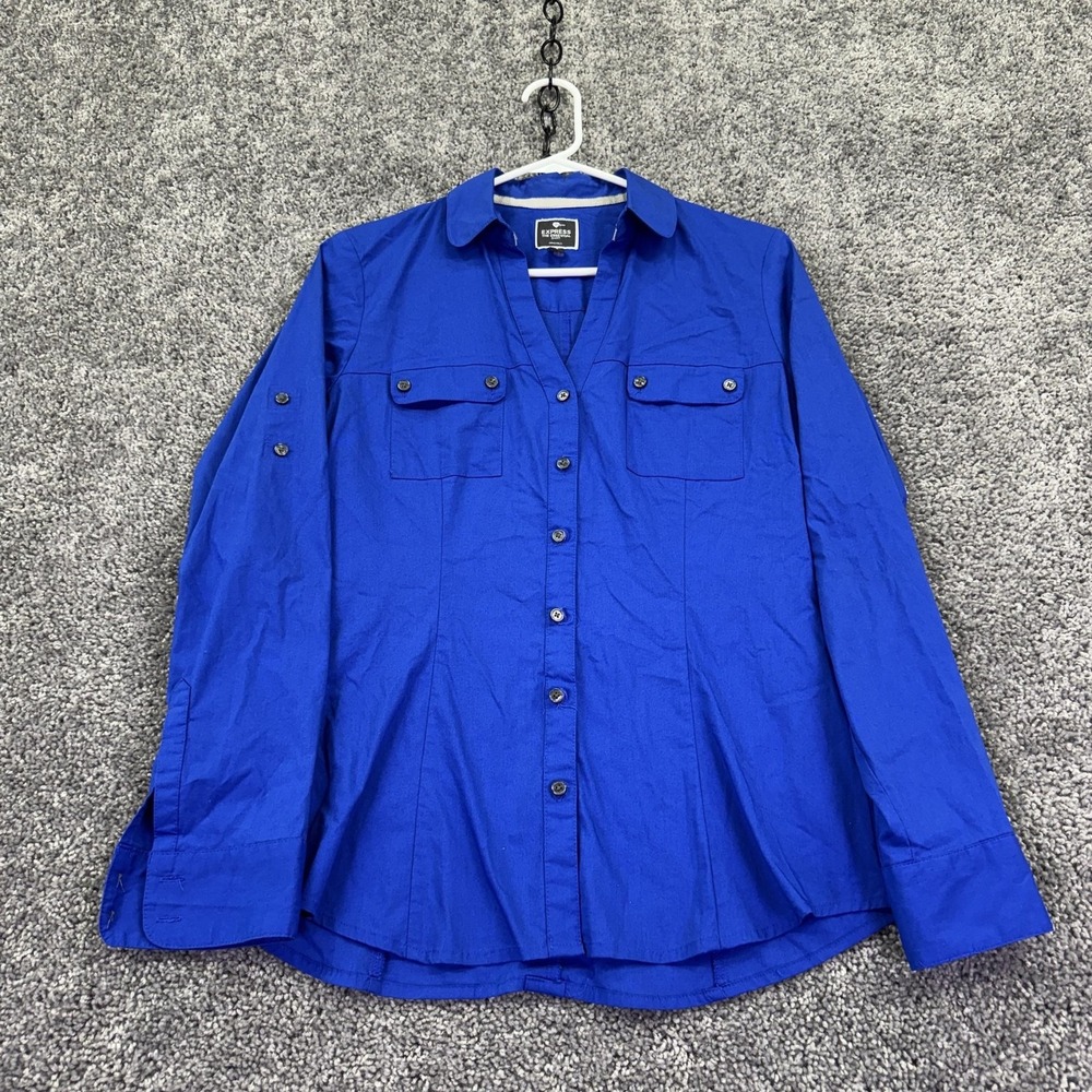 Express Shirt Womens Medium Blue Long Sleeve Roll Tab Button Up Stretch Casual